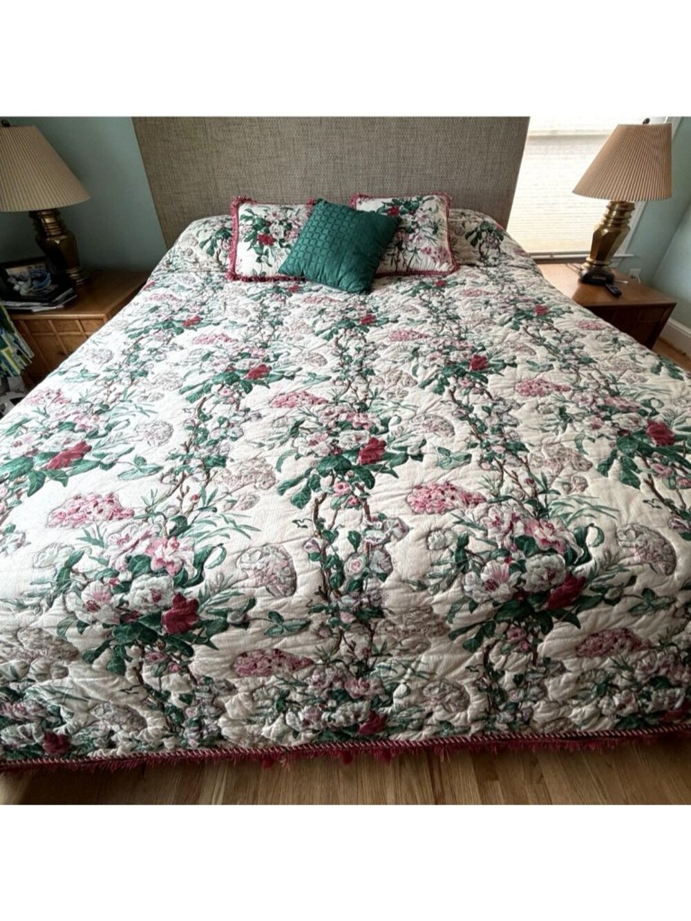 1990s Custom high end quilted Floral Bedspread with fringe King size